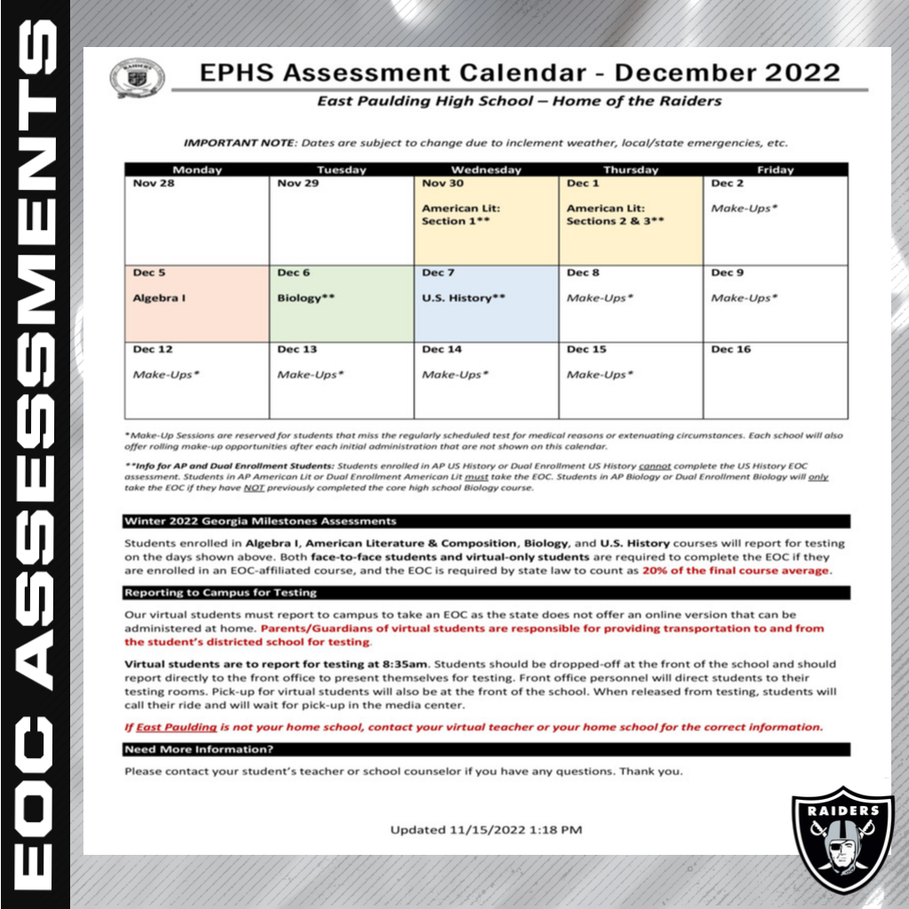  EOC Assessment Schedule